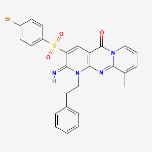 molecular formula C26H21BrN4O3S B12204553 5-(4-bromophenyl)sulfonyl-6-imino-11-methyl-7-(2-phenylethyl)-1,7,9-triazatricyclo[8.4.0.03,8]tetradeca-3(8),4,9,11,13-pentaen-2-one 