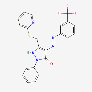 molecular formula C22H16F3N5OS B12205143 1-phenyl-3-[(pyridin-2-ylsulfanyl)methyl]-4-{(E)-[3-(trifluoromethyl)phenyl]diazenyl}-1H-pyrazol-5-ol 