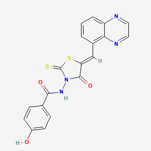 4-hydroxy-N-[(5Z)-4-oxo-5-(quinoxalin-5-ylmethylidene)-2-thioxo-1,3-thiazolidin-3-yl]benzamide