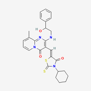 molecular formula C27H28N4O3S2 B12205333 3-[(Z)-(3-cyclohexyl-4-oxo-2-thioxo-1,3-thiazolidin-5-ylidene)methyl]-2-[(2-hydroxy-2-phenylethyl)amino]-9-methyl-4H-pyrido[1,2-a]pyrimidin-4-one 