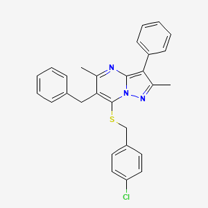 molecular formula C28H24ClN3S B12205687 6-Benzyl-7-[(4-chlorobenzyl)sulfanyl]-2,5-dimethyl-3-phenylpyrazolo[1,5-a]pyrimidine 