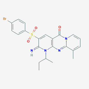 molecular formula C22H21BrN4O3S B12205712 5-(4-bromophenyl)sulfonyl-7-butan-2-yl-6-imino-11-methyl-1,7,9-triazatricyclo[8.4.0.03,8]tetradeca-3(8),4,9,11,13-pentaen-2-one 