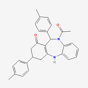 molecular formula C29H28N2O2 B12206568 1-[1-hydroxy-3,11-bis(4-methylphenyl)-2,3,4,11-tetrahydro-10H-dibenzo[b,e][1,4]diazepin-10-yl]ethanone 