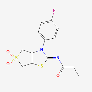 molecular formula C14H15FN2O3S2 B12206763 (Z)-N-(3-(4-fluorophenyl)-5,5-dioxidotetrahydrothieno[3,4-d]thiazol-2(3H)-ylidene)propionamide 