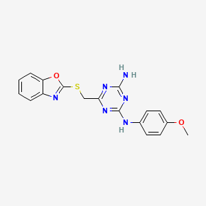 molecular formula C18H16N6O2S B12207068 6-[(1,3-benzoxazol-2-ylsulfanyl)methyl]-N-(4-methoxyphenyl)-1,3,5-triazine-2,4-diamine 