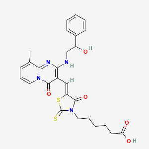 6-[(5Z)-5-({2-[(2-hydroxy-2-phenylethyl)amino]-9-methyl-4-oxo-4H-pyrido[1,2-a]pyrimidin-3-yl}methylidene)-4-oxo-2-thioxo-1,3-thiazolidin-3-yl]hexanoic acid