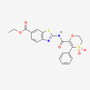 molecular formula C21H18N2O6S2 B12207635 Ethyl 2-{[(4,4-dioxido-3-phenyl-5,6-dihydro-1,4-oxathiin-2-yl)carbonyl]amino}-1,3-benzothiazole-6-carboxylate 