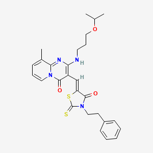 molecular formula C27H30N4O3S2 B12208012 9-methyl-3-{(Z)-[4-oxo-3-(2-phenylethyl)-2-thioxo-1,3-thiazolidin-5-ylidene]methyl}-2-{[3-(propan-2-yloxy)propyl]amino}-4H-pyrido[1,2-a]pyrimidin-4-one 