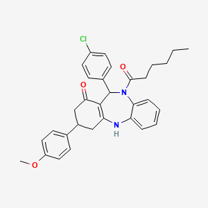 molecular formula C32H33ClN2O3 B12208331 6-(4-chlorophenyl)-5-hexanoyl-9-(4-methoxyphenyl)-8,9,10,11-tetrahydro-6H-benzo[b][1,4]benzodiazepin-7-one 