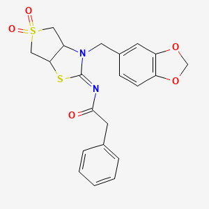 molecular formula C21H20N2O5S2 B12208521 N-[(2E)-3-(1,3-benzodioxol-5-ylmethyl)-5,5-dioxidotetrahydrothieno[3,4-d][1,3]thiazol-2(3H)-ylidene]-2-phenylacetamide 