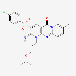 molecular formula C24H25ClN4O4S B12209515 5-(4-chlorophenyl)sulfonyl-6-imino-13-methyl-7-(3-propan-2-yloxypropyl)-1,7,9-triazatricyclo[8.4.0.03,8]tetradeca-3(8),4,9,11,13-pentaen-2-one 