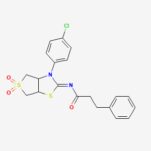 molecular formula C20H19ClN2O3S2 B12209549 N-[(2E)-3-(4-chlorophenyl)-5,5-dioxidotetrahydrothieno[3,4-d][1,3]thiazol-2(3H)-ylidene]-3-phenylpropanamide 