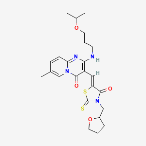 molecular formula C24H30N4O4S2 B12209780 7-methyl-3-{(Z)-[4-oxo-3-(tetrahydrofuran-2-ylmethyl)-2-thioxo-1,3-thiazolidin-5-ylidene]methyl}-2-{[3-(propan-2-yloxy)propyl]amino}-4H-pyrido[1,2-a]pyrimidin-4-one 