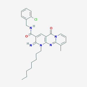 molecular formula C28H32ClN5O2 B12210246 N-[(2-chlorophenyl)methyl]-6-imino-11-methyl-7-octyl-2-oxo-1,7,9-triazatricyclo[8.4.0.03,8]tetradeca-3(8),4,9,11,13-pentaene-5-carboxamide 