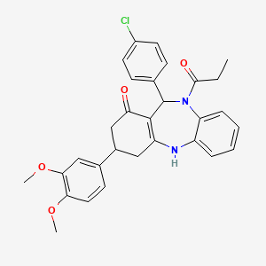 molecular formula C30H29ClN2O4 B12210807 6-(4-chlorophenyl)-9-(3,4-dimethoxyphenyl)-5-propanoyl-8,9,10,11-tetrahydro-6H-benzo[b][1,4]benzodiazepin-7-one 