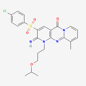 molecular formula C24H25ClN4O4S B12211005 5-(4-chlorophenyl)sulfonyl-6-imino-11-methyl-7-(3-propan-2-yloxypropyl)-1,7,9-triazatricyclo[8.4.0.03,8]tetradeca-3(8),4,9,11,13-pentaen-2-one 