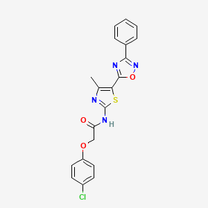 molecular formula C20H15ClN4O3S B12211082 2-(4-chlorophenoxy)-N-[(2E)-4-methyl-5-(3-phenyl-1,2,4-oxadiazol-5-yl)-1,3-thiazol-2(3H)-ylidene]acetamide 