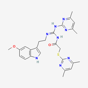 molecular formula C26H30N8O2S B12211155 N-[(E)-[(4,6-dimethylpyrimidin-2-yl)amino]{[2-(5-methoxy-1H-indol-3-yl)ethyl]amino}methylidene]-2-[(4,6-dimethylpyrimidin-2-yl)sulfanyl]acetamide 