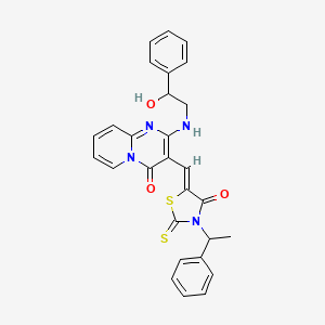 molecular formula C28H24N4O3S2 B12212763 2-[(2-hydroxy-2-phenylethyl)amino]-3-{(Z)-[4-oxo-3-(1-phenylethyl)-2-thioxo-1,3-thiazolidin-5-ylidene]methyl}-4H-pyrido[1,2-a]pyrimidin-4-one 