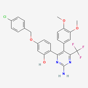 molecular formula C26H21ClF3N3O4 B12212842 2-[2-Amino-5-(3,4-dimethoxyphenyl)-6-(trifluoromethyl)pyrimidin-4-yl]-5-[(4-chlorobenzyl)oxy]phenol 