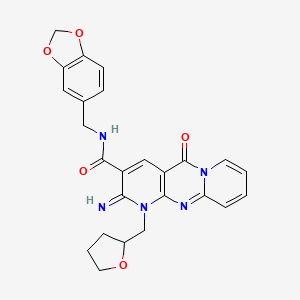 molecular formula C25H23N5O5 B12212869 N-(1,3-benzodioxol-5-ylmethyl)-6-imino-2-oxo-7-(oxolan-2-ylmethyl)-1,7,9-triazatricyclo[8.4.0.03,8]tetradeca-3(8),4,9,11,13-pentaene-5-carboxamide 