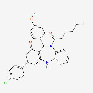 9-(4-chlorophenyl)-5-hexanoyl-6-(4-methoxyphenyl)-8,9,10,11-tetrahydro-6H-benzo[b][1,4]benzodiazepin-7-one