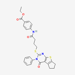 Ethyl 4-[4-(4-oxo-3-phenyl-3,5,6,7-tetrahydrocyclopenta[2,1-d]pyrimidino[4,5-b]thiophen-2-ylthio)butanoylamino]benzoate