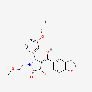 molecular formula C26H29NO6 B12213532 (4E)-4-[hydroxy(2-methyl-2,3-dihydro-1-benzofuran-5-yl)methylidene]-1-(2-methoxyethyl)-5-(3-propoxyphenyl)pyrrolidine-2,3-dione 