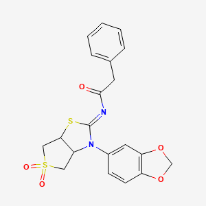 molecular formula C20H18N2O5S2 B12213779 N-[(2Z)-3-(1,3-benzodioxol-5-yl)-5,5-dioxidotetrahydrothieno[3,4-d][1,3]thiazol-2(3H)-ylidene]-2-phenylacetamide 