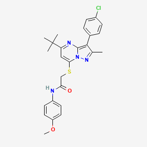 molecular formula C26H27ClN4O2S B12215506 2-{[5-tert-butyl-3-(4-chlorophenyl)-2-methylpyrazolo[1,5-a]pyrimidin-7-yl]sulfanyl}-N-(4-methoxyphenyl)acetamide 