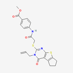 Methyl 4-(2-{[12-oxo-11-(prop-2-en-1-yl)-7-thia-9,11-diazatricyclo[6.4.0.0^{2,6}]dodeca-1(8),2(6),9-trien-10-yl]sulfanyl}acetamido)benzoate