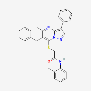 molecular formula C30H28N4OS B12216856 2-[(6-benzyl-2,5-dimethyl-3-phenylpyrazolo[1,5-a]pyrimidin-7-yl)sulfanyl]-N-(2-methylphenyl)acetamide 