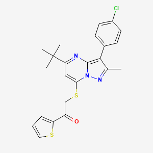 molecular formula C23H22ClN3OS2 B12217224 2-{[5-Tert-butyl-3-(4-chlorophenyl)-2-methylpyrazolo[1,5-a]pyrimidin-7-yl]sulfanyl}-1-(thiophen-2-yl)ethanone 