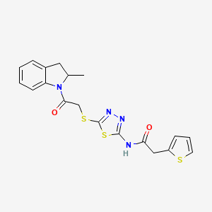 molecular formula C19H18N4O2S3 B1221807 N-[5-[[2-(2-methyl-2,3-dihydroindol-1-yl)-2-oxoethyl]thio]-1,3,4-thiadiazol-2-yl]-2-thiophen-2-ylacetamide 