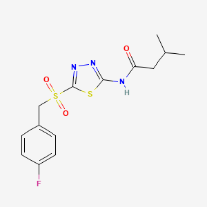 molecular formula C14H16FN3O3S2 B12218786 N-{5-[(4-fluorobenzyl)sulfonyl]-1,3,4-thiadiazol-2-yl}-3-methylbutanamide 