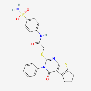 2-(4-oxo-3-phenyl(3,5,6,7-tetrahydrocyclopenta[2,1-d]pyrimidino[4,5-b]thiophen-2-ylthio))-N-(4-sulfamoylphenyl)acetamide