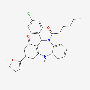 molecular formula C29H29ClN2O3 B12219091 6-(4-chlorophenyl)-9-(2-furyl)-5-hexanoyl-8,9,10,11-tetrahydro-6H-benzo[b][1,4]benzodiazepin-7-one 