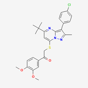 molecular formula C27H28ClN3O3S B12219197 2-{[5-Tert-butyl-3-(4-chlorophenyl)-2-methylpyrazolo[1,5-a]pyrimidin-7-yl]sulfanyl}-1-(3,4-dimethoxyphenyl)ethanone 