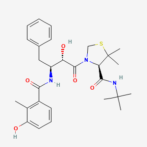 molecular formula C28H37N3O5S B1221938 (4R)-N-tert-butyl-3-{(2S,3S)-2-hydroxy-3-[(3-hydroxy-2-methylbenzoyl)amino]-4-phenylbutanoyl}-5,5-dimethyl-1,3-thiazolidine-4-carboxamide CAS No. 186537-85-9