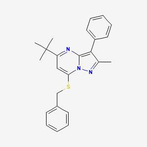 molecular formula C24H25N3S B12219460 7-(Benzylsulfanyl)-5-tert-butyl-2-methyl-3-phenylpyrazolo[1,5-a]pyrimidine 