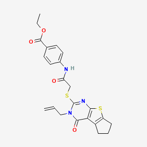 Ethyl 4-(2-{[12-oxo-11-(prop-2-en-1-yl)-7-thia-9,11-diazatricyclo[6.4.0.0^{2,6}]dodeca-1(8),2(6),9-trien-10-yl]sulfanyl}acetamido)benzoate