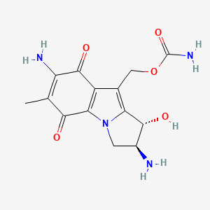 molecular formula C14H16N4O5 B1221971 1H-Pyrrolo(1,2-a)indole-5,8-dione, 2,7-diamino-9-(((aminocarbonyl)oxy)methyl)-2,3-dihydro-1-hydroxy-6-methyl-, trans- CAS No. 78655-52-4