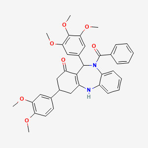 molecular formula C37H36N2O7 B12220251 [3-(3,4-dimethoxyphenyl)-1-hydroxy-11-(3,4,5-trimethoxyphenyl)-2,3,4,11-tetrahydro-10H-dibenzo[b,e][1,4]diazepin-10-yl](phenyl)methanone 