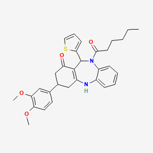 molecular formula C31H34N2O4S B12221746 1-[3-(3,4-dimethoxyphenyl)-1-hydroxy-11-(thiophen-2-yl)-2,3,4,11-tetrahydro-10H-dibenzo[b,e][1,4]diazepin-10-yl]hexan-1-one 