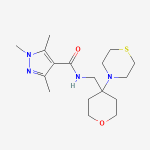 molecular formula C17H28N4O2S B12222247 1,3,5-trimethyl-N-{[4-(thiomorpholin-4-yl)oxan-4-yl]methyl}-1H-pyrazole-4-carboxamide 