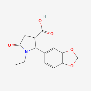 molecular formula C14H15NO5 B12222683 2-(1,3-Benzodioxol-5-yl)-1-ethyl-5-oxopyrrolidine-3-carboxylic acid 