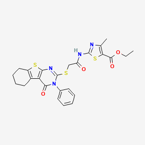 molecular formula C25H24N4O4S3 B12223332 Ethyl 4-methyl-2-[2-(4-oxo-3-phenyl(3,5,6,7,8-pentahydrobenzo[b]thiopheno[2,3-d]pyrimidin-2-ylthio))acetylamino]-1,3-thiazole-5-carboxylate 