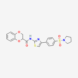 molecular formula C22H21N3O5S2 B1222440 N-[4-[4-(1-pyrrolidinylsulfonyl)phenyl]-2-thiazolyl]-2,3-dihydro-1,4-benzodioxin-3-carboxamide 