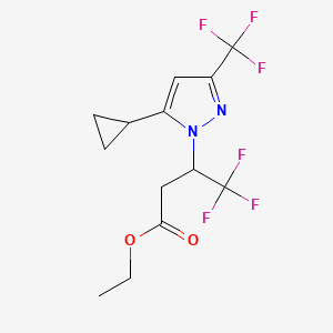 molecular formula C13H14F6N2O2 B12225794 Ethyl 3-[5-cyclopropyl-3-(trifluoromethyl)-1H-pyrazol-1-yl]-4,4,4-trifluorobutanoate 