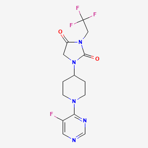 molecular formula C14H15F4N5O2 B12226368 1-[1-(5-Fluoropyrimidin-4-yl)piperidin-4-yl]-3-(2,2,2-trifluoroethyl)imidazolidine-2,4-dione 